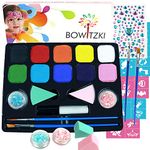 Bowitzki Face Paint Kit with 10 Colors,32 Stencils,2 Brushes,2 Chunky Glitters,2 Sponges,1 Body Glue,Water Based Easy to Remove Face Painting for Kids, Safe Professional Halloween Party Makeup Set