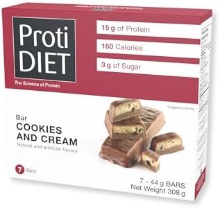 ProtiDIET Cookies and Cream High Protein Bar - 15g Protein - No Trans Fat Meal Replacement Bars - Great Protein Snacks for Adults to Support a Busy and Active Lifestyle - 7 Protein Bars Per Box