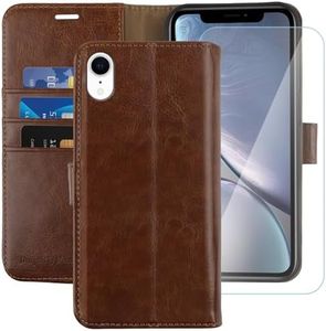 MONASAY Wallet Case Compatible for iPhone XR, 6.1-inch, [Glass Screen Protector Included] [RFID Blocking] Flip Folio Leather Cell Phone Cover with Credit Card Holder, Brown
