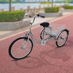 MEHOOSPVN 24 Inch Adult Tricycle, 6 Speed 3-Wheel Bike Adult Trike Bike Tricycle for Adults with Light and Basket Height Adjustable Cruise Trike Elderly Bicycle for Shopping Picnic Beach, Silver