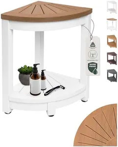 ROHKEX Corner Shower Stool - Waterproof and Adjustable Teak Shower Bench for Foot Rest, Shaving Legs, Bath Storage, Indoor and Outdoor Use
