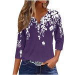 Keepink 3/4 Length Sleeve Womens Tops Button Down Henley Neck T Shirts Fashion Printed Casual Blouse Dressy Shirts Work Office Tshirt Summer Fall Top Plus Size Blouses 8-18 UK Sale