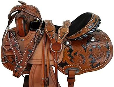 Western Saddle Barrel Racing Horse Pleasure Trail Floral Tooled Leather Rodeo Cowboy Tack Set 15 16 17 18 (Round Skirt, 15)