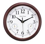 Kiera Grace Metz 9" Outdoor Wall Clock with Tempreture and Humid Gauges, Wood Grain Retro Walnut Red, Arabic Numerals Clock, Easy-to-Read, Battery Operated, Perfect for Home or Office Décor