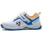 SG Century 6.0 Rubber Spikes Cricket Shoes, White/Royal Blue/Orange - 4UK