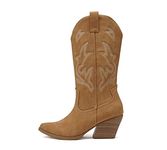 Soda Orville ~ Women Western Cowboy Stitched Pointe Toe Heel Ankle Mid Shaft Fashion Boots, Coffee Nubuck, 7.5