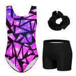 ACOCOPY Girls Leotards for Gymnastics Quick Dry Tumbling Bodysuit with Shorts Shiny Purple Unitards Biketards Size 6-7