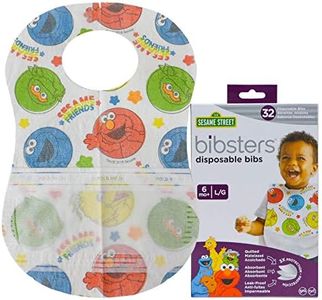 Bibsters, Sesame Street Large Disposable Bibs with Patented Crumb-Catcher, Leakproof Liner, and Reusable Fastener, Ages 6+ Months, 32 count