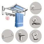 FORTUNE Stainless Steel Folding Towel Rack, Towel Stand, Hanger with 5 pcs Bathroom Accessories Set (Towel Rod, Napkin Ring, Soap Dish, Tumbler Holder, Robe Hook) (Set 6) (18 Inch (Combo))