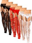 6 Pairs Women Fishnet Thigh High Stockings Suspender Pantyhose Lingerie Garter Belts Tights for Women Girls (Black, Red, White,Medium-Large)