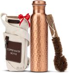 AVA DESIGNZ CLEO HOME 100% Pure Copper Water Bottle for Drinking, 32 Oz Large Hammered Ayurvedic Copper Bottle with Canvas Bag & Cleaning Brush, Leak-Proof Insulated Pure Copper Vessel
