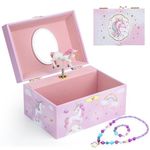 hombrima Music Jewellery Box with Necklace Bracelet, Musical Jewelry Storage Case with Spinning Unicorn Gift Set for Kids Girls Children Daughter (Pinkhorse-50232jk)