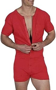 Mens Short Sleeve Onesie Henley Jumpsuit Pajamas Stretchy Cotton One Piece Garment Red S