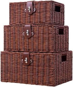 Homepeaz Set of 3 Woven Wicker Storage Basket Box with Lid & Lock, Built-in Carry Handles, Multifunctional Storage Organiser for Nursery, Baby, Clothes, Toys, Books, Large/Medium/Small Size (Natural)