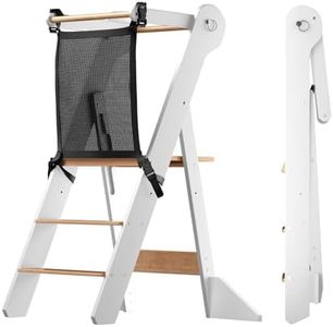 COSYLAND Foldable Toddler Standing Tower - Adjustable Height Folding Step Stool Kids Toddler Kitchen Stool Helper for Learning and Cooking - Ages 18 Months to 6 Years with Safety net Natural & White