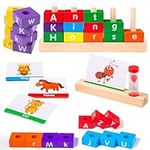 Yolesty Wooden Building Blocks Spelling Game, Montessori Educational Toy with Colorful Alphabet Letters Matching Flash Cards, Words Learning Gift for Kids Boys Girls Age 3 4 5 Years Old