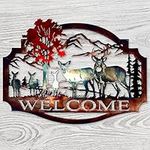 Gudui Metal Deer Wall Decor Welcome Forest Deer Mountain Metal Wall Art Rustic Cabin Wildlife Hunting Wall Decor for Lodge Patio Decoration Outdoor, Colorful, 13 X 13 Inch