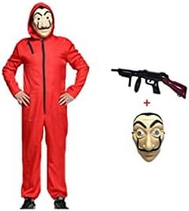 Anxicer - Costume di Halloween da rapinatore, tuta rossa a maniche lunghe, con cappuccio, maschera e mitragliatrice
