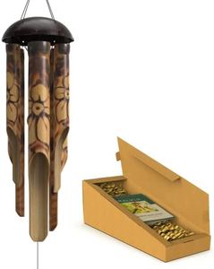 Nalulu Rustic Bamboo Wind Chimes - Outdoor Wood Wooden Windchimes, Medium, Floral Burned Design with Coconut Crown, Handcrafted with Calming Deep Tones, Ideal Home Decor or Gift for Any Occasion