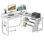 DSAFGGY Computer Desk with 3 Fabric Drawes & Drawer File Cabinet, 53.5 Inch Reversible L Shaped Desk with Power Outlet & Side Hooks, Stable Corner Desk with Printer Cabinet & Monitor Shelf, White