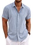 COOFANDY Men's Linen Shirts Short Sleeve Casual Shirts Button Down Shirt for Men Beach Summer Wedding Shirt, Light Denim Blue, Large