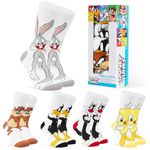 LOONEY TUNES Mens Socks Pack of 5 Crew Socks for Men Teenagers Soft Breathable Work Sports Casual Size 6-10 Mens Gifts (White/Multi, 6.5/10.5 UK)