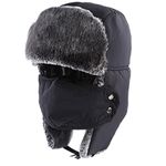 Winter Trooper Trapper Hat for Men Women, Fur Ushanka Ear Flap Bomber Hat for Hunting Skiing with Windproof Mask Black