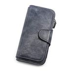 KELEEL Ladies Wallet Women Leather Clutch Purse Credit Card Coin Holder Bifold, Oil Wax Dark Blue, 7.68 x 1.18 x 3.94 inch, Rfid Wallet