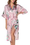 Lovasy Kimono Dressing Gowns Satin Kimono Robe Peacock and Blossoms Silk Dressing Gown for Women UK Long Silk Bride and Bridesmaid Robes,Pink,M