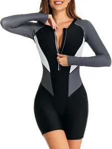 ECUPPER Women Long Sleeve One Piece Swimsuit Boyleg Zipper Rash Guard Bathing Suit Coverage Surfing Swimwear Built in Bra Grey XX-Large