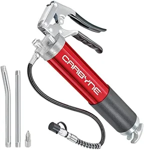 Carbyne Grease Gun - Pistol Grip, 7500 PSI, Heavy Duty Professional Quality, Anodized Aluminum Barrel. 18" HD Flex Hose w/Spring, 6" Straight & 6" Angled Tube, Coupler & Needle Noze, 3-Way Loading