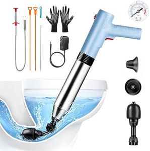 WOHPW Electric Toilet Plunger, Blue One-Touch High Pressure Air Drain Blaster with Real-Time Barometer & Multi-Accessory Kit, Heavy Duty Automatic Drain Unclogger for Toilets, Sinks, Tubs, Pipes