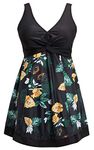 ECUPPER Ladies Vintage One Piece Swimdress Tummy Control Swimming Costume Dress Beach Swim Suit Black Flower 3XL