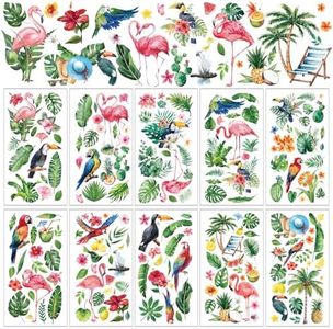 Whaline 10 Sheet Summer Rub on Transfer for Crafts Green Plant Palm Flamingo Parrot Rub on Transfer Stickers Vintage Furniture Decals for Hawaiian Tropical Beach Home School Office DIY, 5.9 x 11.8Inch
