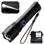 UN1QUE Rechargeable Torch Light High Power, 20000 Lumens Flashlight with 4 Light Modes, Adjustable Focus Torch Lights Rechargeable, IP45 Water-Resistant, Black
