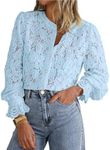 PRETTYGARDEN Women's Dressy Casual Lace Blouse Long Sleeve Button Up Shirts Tops Fall Fashion Clothes (Light Blue,Large)