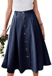 HERBATOMIA Midi Pleated Skirt High Elastic Waist A-line Button Front Casual Flared Navy Blue Skirts with Pocket for Women