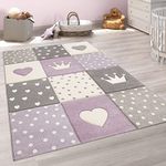 Paco Home Kids Rug Playroom Childrens Nursery Carpet, Spots Hearts Crown Pastel Colours, Size:140x200 cm, Colour:Purple