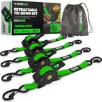 Rhino USA Retractable Ratchet Tie Down Straps (4PK) - 540kg Guaranteed Max Break Strength, Includes (4) Ultimate 2.5 cm x 3 m Autoretract Tie Downs with Padded Handles - Green