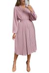 PRETTYGARDEN Women's Spring Midi Dress Long Puff Sleeve Wrap V Neck Flowy Ruffle Pleated Casual Dresses (Pink,X-Large)