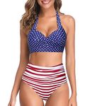 Tempt Me Women Two Piece Vintage Swimsuit Retro Halter Ruched High Waist Bikini with Bottom, American Flag, XX-Small