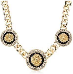 Women's Basketball Wives Style Gold 3 Lion Heads Necklace Hip Hop Statement Chunky Chain Choker Necklace (Gold Necklace)