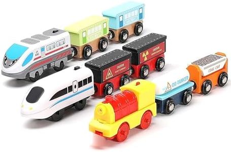 On Track USA Motorized Action Trains, 9 Piece Battery Operated Engine Train Set, 3 Motorized and 6 Wooden Trains. Compatible to Wooden Tracks from All Major Brands