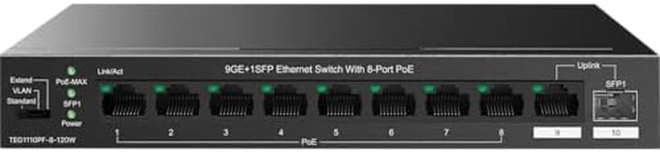 Tenda TEG1110PF Unmanaged PoE Switch with 8 Port PoE+@120W, 8 Port Gigabit PoE Compatible with IEEE 802.3af/at Devices, w/ 1 Uplink Gigabit Port & 1 SFP Slot, Limited Lifetime Protection