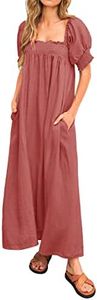 KIRUNDO Women 2025 Summer Maxi Dress Casual Loose Puff Sleeve Square Neck Maternity Flowy Long Beach Dresses with Pockets(Brick Red, Small)