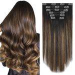 Aison Ombre Clip in Hair Extensions 100% Remy Human Hair Balayage Hair Extensions Dark Brown to Chestnut Brown 70G/7Pcs Soft Silky Straight 16clips for Women 18 Inch