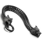 COOLSTEELANDBEYOND Biker Mens Stainless Steel Wolf Head Franco Link Curb Chain Bracelet with Spring Ring Clasp, 8.7 Inch, Stainless Steel, not-applicable