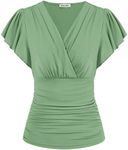 GRACE KARIN 2024 Womens Tops Summer Wrap Blouse V Neck Ruffle Sleeve Dressy Casual Top Ruched T-Shirts, Green