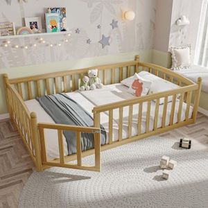 Einhomn Twin Size Montessori Floor Bed with Door and Safety Guardrail, Solid Wood Low Profile Bed Frame with Slats,Natural Finish, Easy Assembly for Kids, Girls, Boys