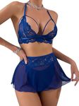 popiv Sexy Lingerie Sexy Woman Lace Womens Lingerie Set Mesh Bra and Panty Set Navyblue
